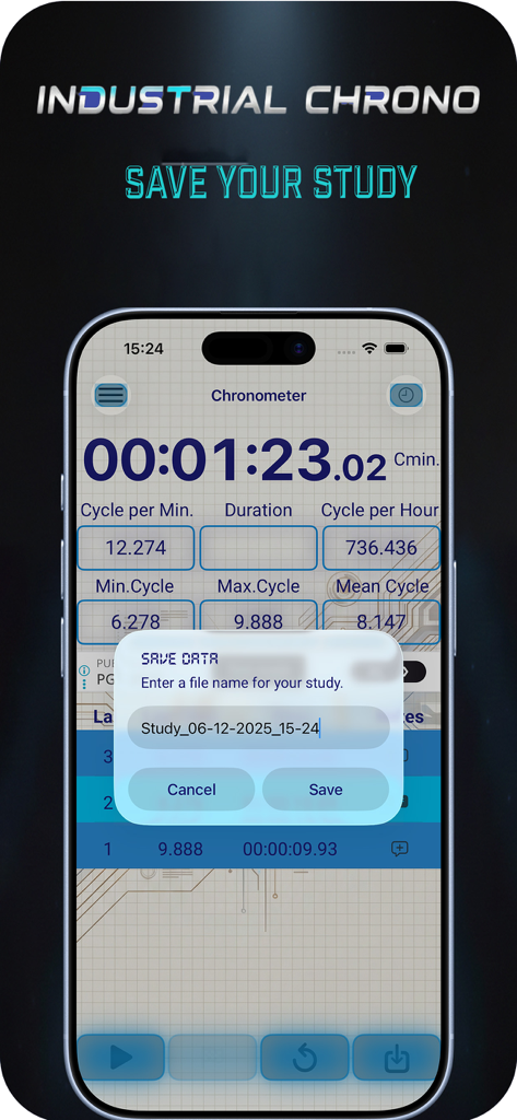 Interfaz de la aplicación móvil Industrial Chronometer mostrando una ventana emergente para guardar datos de estudios de tiempo y movimiento