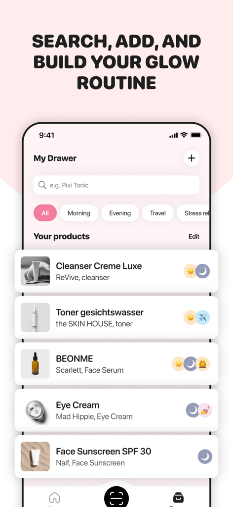 Routinely: Skincare Assistant - Interface of the Routinely app showing a digital drawer of skincare products with morning and evening tags