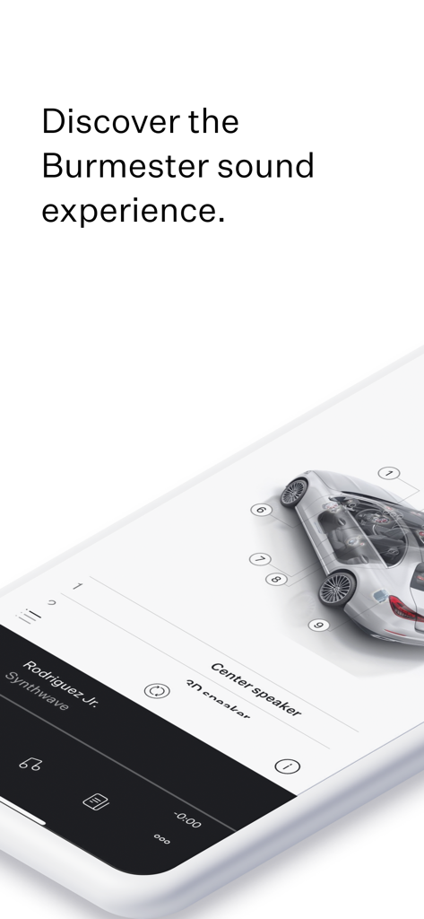 Burmester Soundcheck MB - Burmester Soundcheck MB app interface showing speaker locations in a Mercedes-Benz car