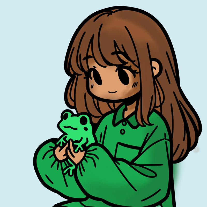 girl with long hair and a oversized shirt. and she is holding a frog