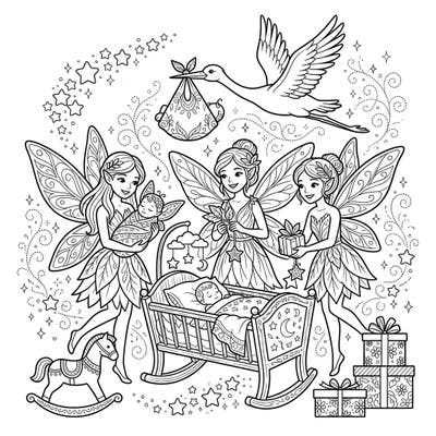 Step into a world of pure enchantment with this delightful Light Fairies Baby Shower coloring page. Watch as joyful fairies gather to welcome a precious newborn with gifts and love.