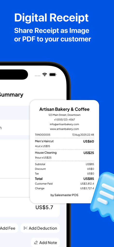 Digital receipt display in Salesmaster POS app showing service details and share options.