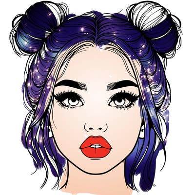 realistic girl with two buns on her hair and lips