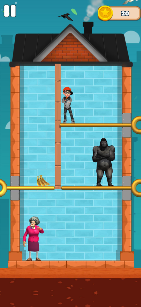 Pull The String Nick's Quest - Nick naviguant dans un niveau d'énigme de tirage de ficelle avec un gorille et Miss T