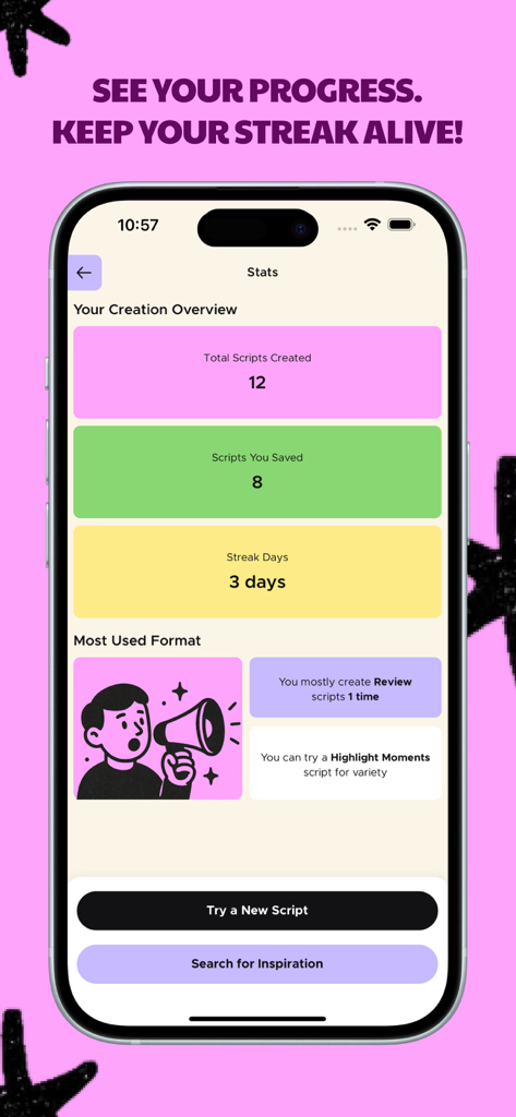 Potato: Movies Social Viral - Una pantalla móvil que muestra el panel de estadísticas de la aplicación Potato Movies con el total de guiones creados, guiones guardados y recuentos de racha diaria.