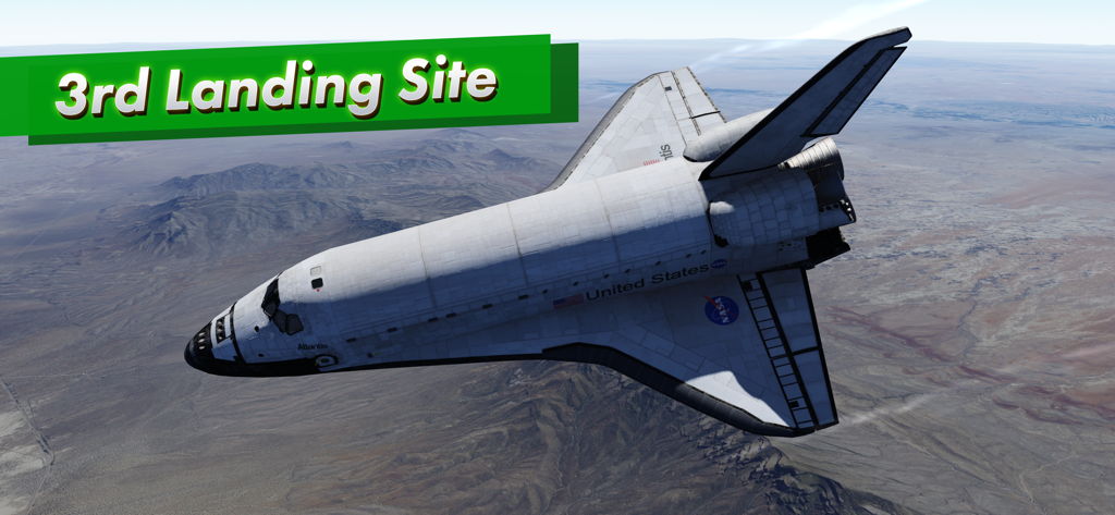 F-Sim|Space Shuttle 2 - Space Shuttle Atlantis flying over a desert landscape in the F-Sim Space Shuttle 2 simulator.