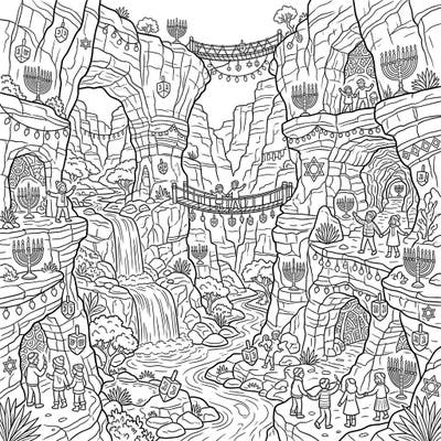 Embark on a unique Hanukkah journey with this detailed coloring page, featuring a vibrant celebration set within majestic limestone canyons. Discover hidden menorahs, playful dreidels, and joyful revelers amidst stunning waterfalls and geological wonders.