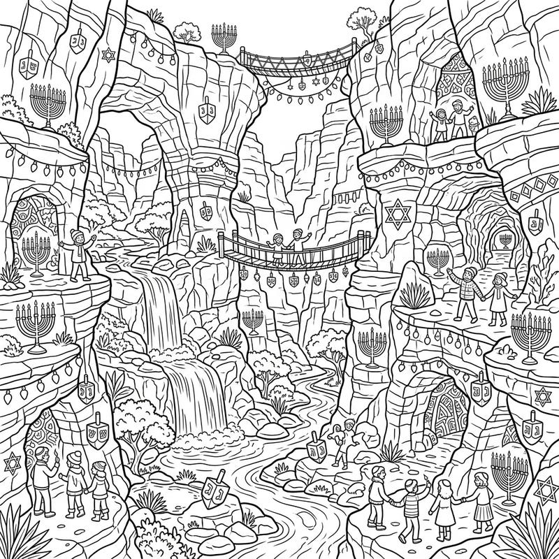 Embark on a unique Hanukkah journey with this detailed coloring page, featuring a vibrant celebration set within majestic limestone canyons. Discover hidden menorahs, playful dreidels, and joyful revelers amidst stunning waterfalls and geological wonders.