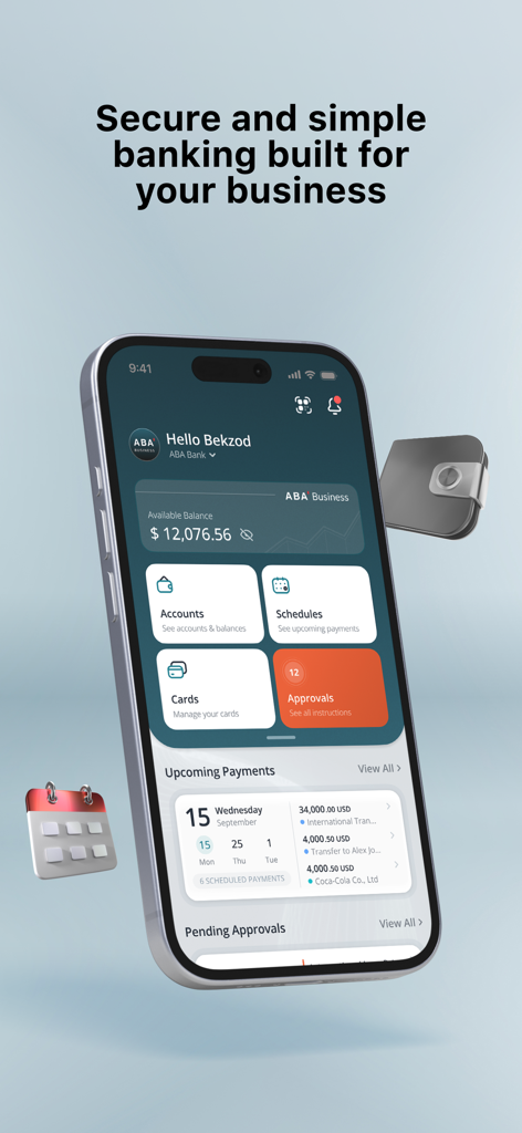 ABA Business - ABA Business mobile app dashboard showing account balance and pending approvals