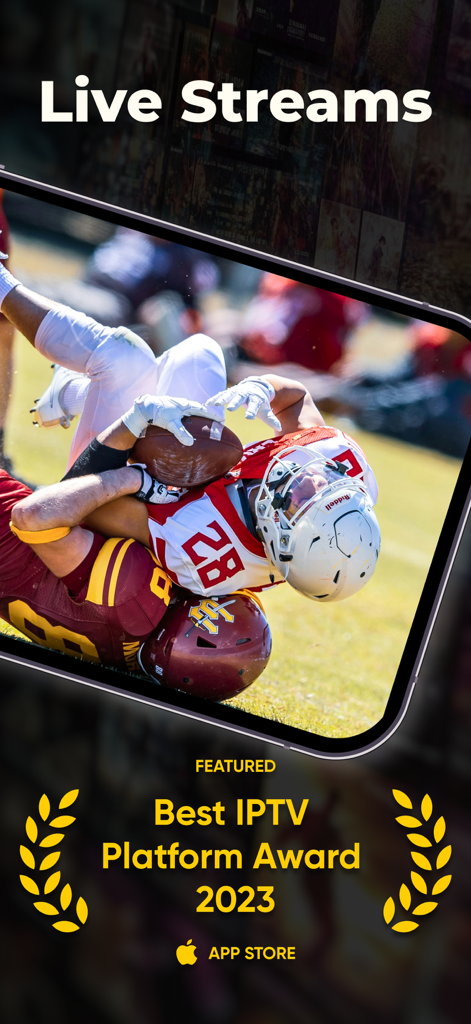 IPTV Smarters Player Pro Lite - L'application IPTV Smarters Player Pro Lite affichant du football américain en direct et le prix de la meilleure plateforme IPTV 2023