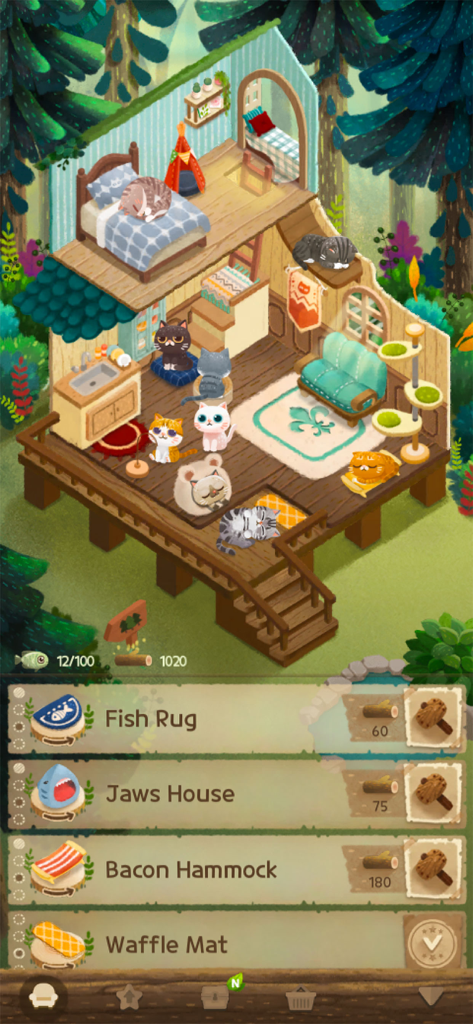 Secret Cat Forest - El interior de una acogedora casa de árbol en Secret Cat Forest, lleno de muchos gatos adorables y un menú de creación de muebles en la parte inferior.