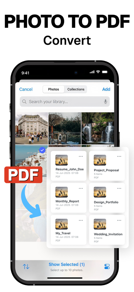 PDF Scanner ~ Scan Document - Mobile app interface showing how to convert photos into PDF documents