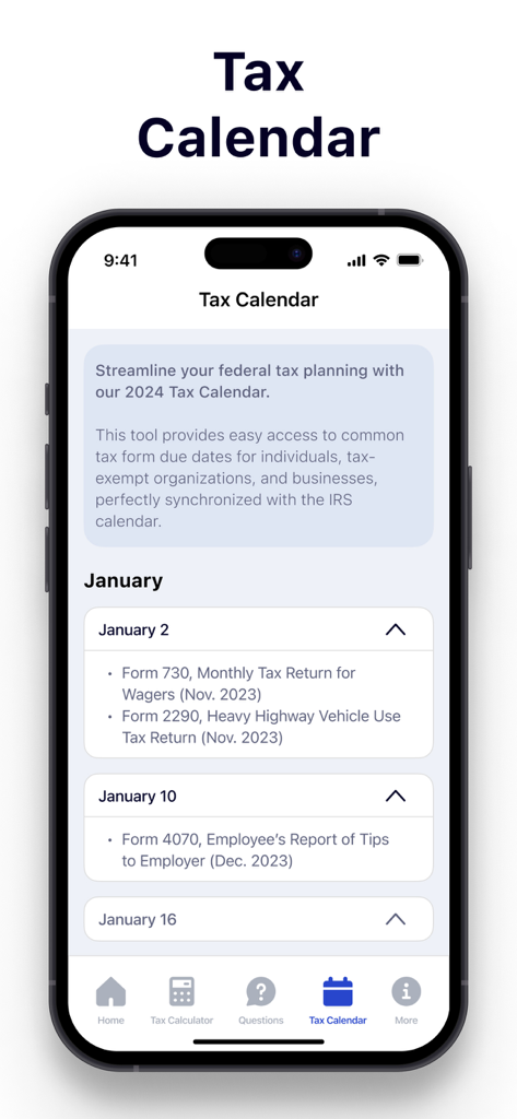 IRS2go: Where's My Tax Refund? - Screenshot of the IRS2go app showing the 2024 tax calendar with January deadlines for tax forms