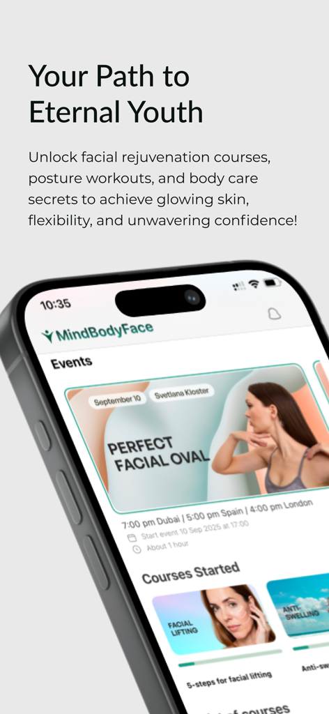 MindBodyFace+ - MindBodyFace app interface displaying facial lifting and rejuvenation courses with a focus on holistic wellness.