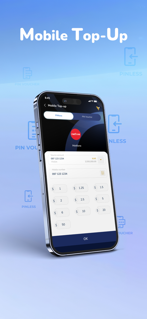 ACLEDA mobile - ACLEDA mobile app interface for mobile phone top up