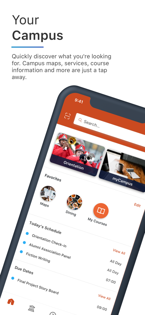 Aplicación móvil Century College que muestra el panel del estudiante con mapas del campus, horario y fechas de entrega de trabajos