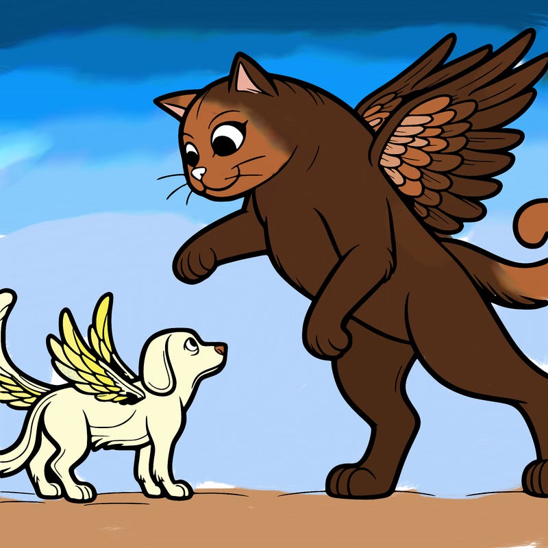 a giant cat with wings and a giant dog with wings fighting. giant cat