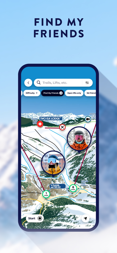 My Epic: Skiing & Snowboarding - Interactive ski trail map in the My Epic app showing friends locations and lift wait times on the mountain