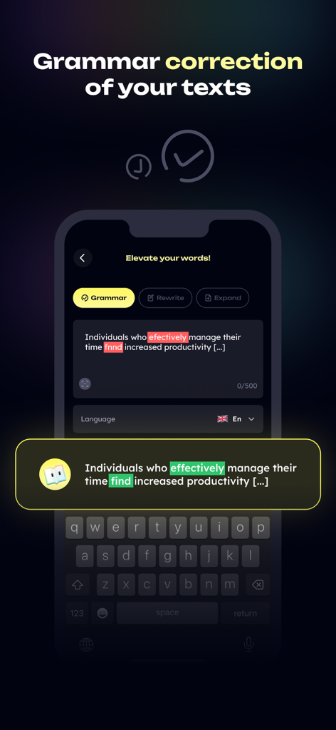 HelpMe AI app interface showing grammar and spelling correction for student essays