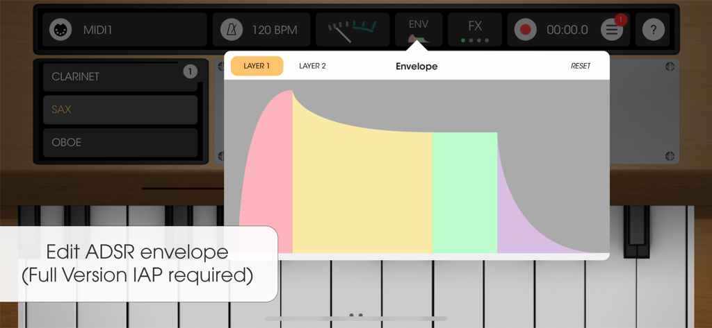 Mellowsound - Interface do aplicativo Mellowsound mostrando as configurações de envelope ADSR para modelagem de som do instrumento