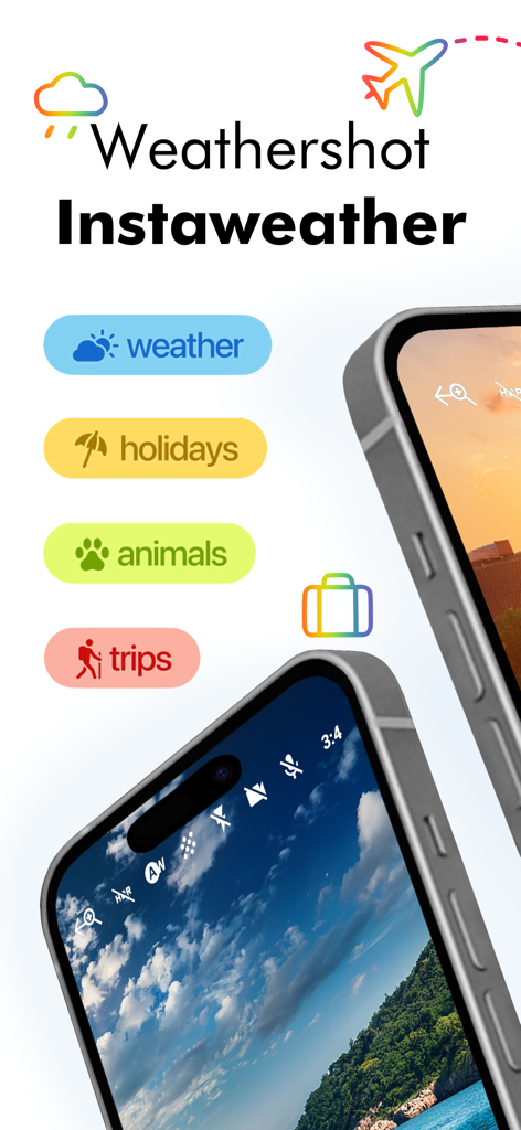 Weathershot - Instaweather - Weathershot Instaweather app interface showing photo categories for weather, holidays, and trips