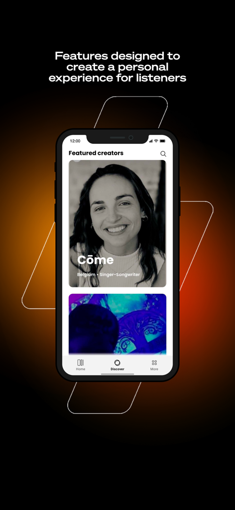 Una captura de pantalla de la aplicación móvil Winamp que muestra el perfil de un creador destacado para un cantautor.