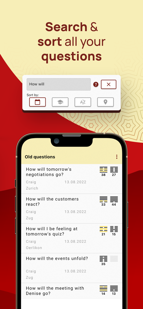 I Ching - Yi Jing Library - I Ching app interface for searching and sorting past questions and hexagram readings