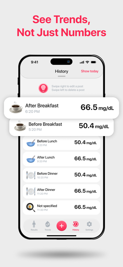 Glucose Monitor: Blood Sugar - Una interfaz de aplicación móvil que muestra un historial de lecturas de glucosa en sangre organizadas por tiempos de comida, como antes y después del desayuno