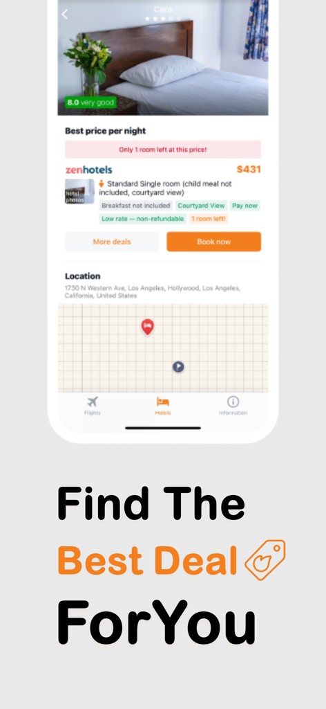 로스앤젤레스 예약에 대한 호텔 객실 세부 정보 및 위치 지도를 보여주는 HotelBook 앱 스크린샷