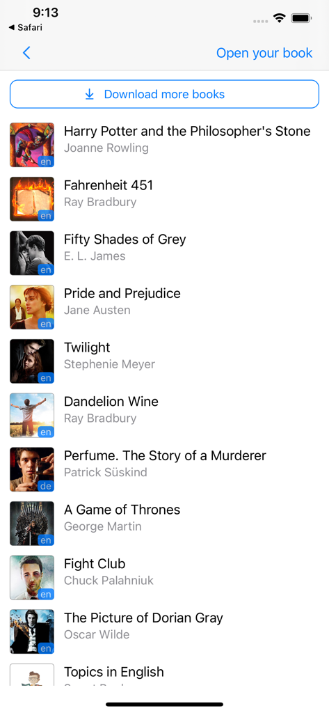 Smart Book - Smart Book app library interface showing a list of books with titles and cover images