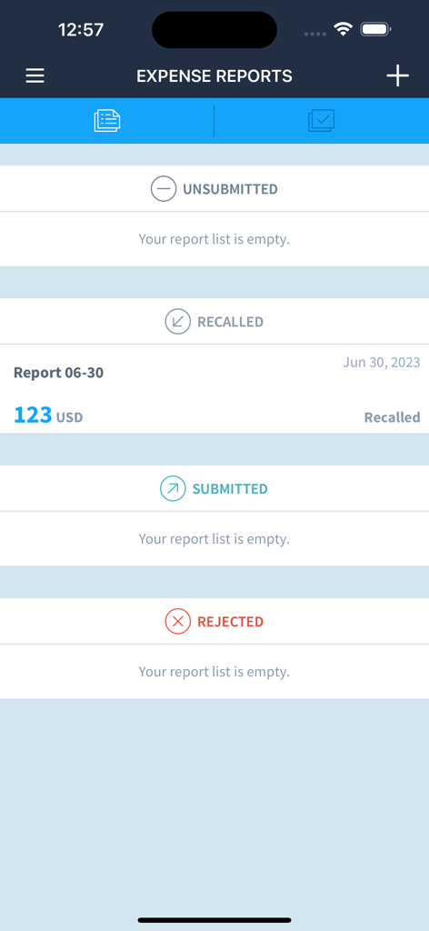 TriNet Expense mobile app screen showing categorized sections for unsubmitted recalled submitted and rejected expense reports
