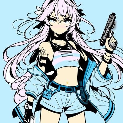 bad girl wearing crop top holding a gun long hair anime