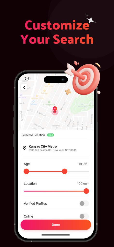 Cougar Dating App - CougarD - Search filter interface of CougarD app featuring age and location sliders