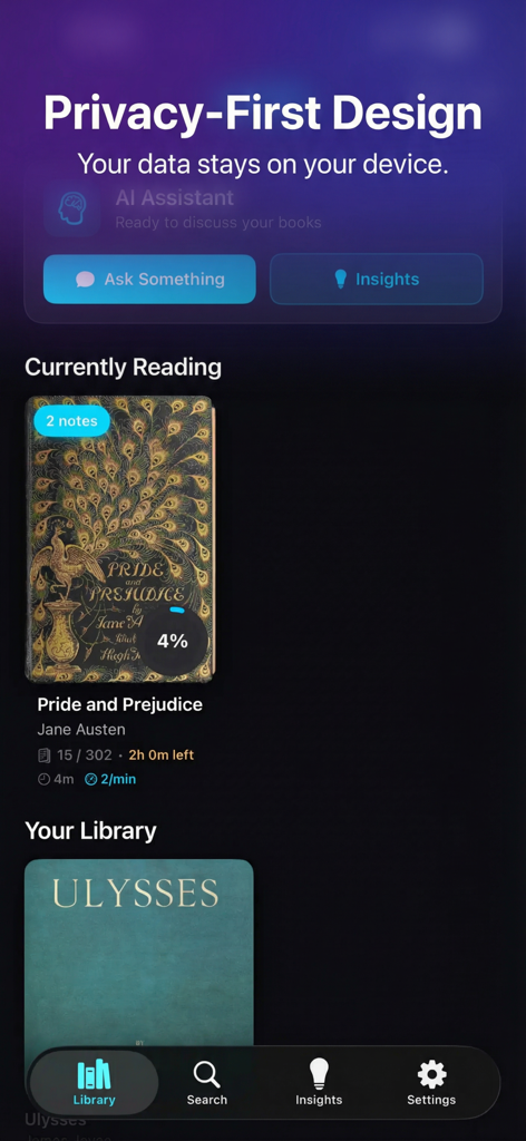 Cognito: AI Reading Companion - Cognito KI Lese-App-Bibliotheksbildschirm mit aktuell gelesenen Büchern und Funktionen für datenschutzfreundliches Design.
