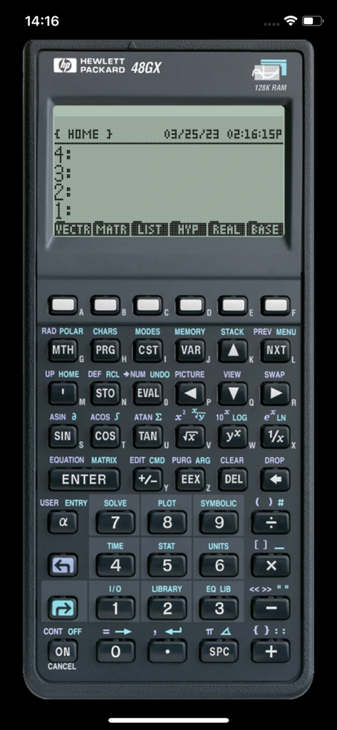 Digital emulation of a Hewlett Packard 48GX scientific calculator interface in the PockEmul app