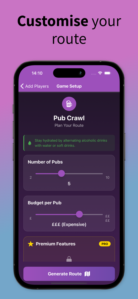 A mobile app screen for planning a pub crawl showing sliders for the number of pubs and budget per pub with a generate route button
