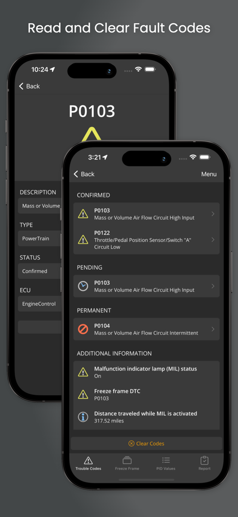 Smartphone screen displaying diagnostic trouble codes and engine fault details in the OBD Fusion app