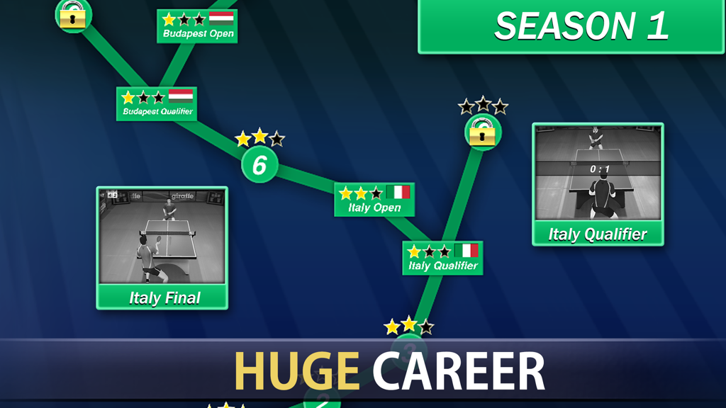 Table Tennis Champion - Table Tennis Champion career mode interface showing the Season 1 tournament progression map.