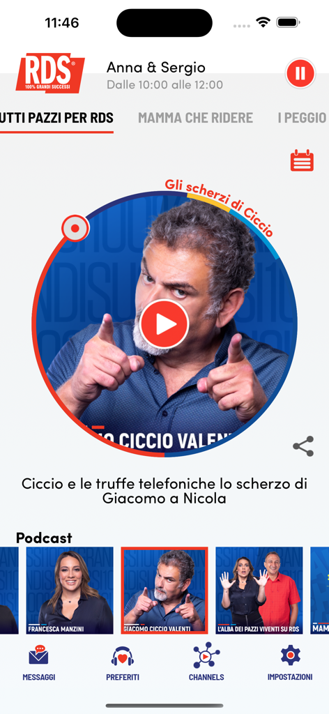 App mobile RDS che mostra la sezione podcast con Giacomo Ciccio Valenti e altri programmi radiofonici italiani