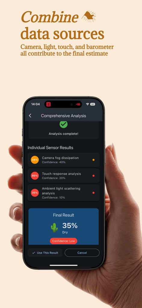 Indoor Humidity Predictor - Un smartphone mostrando la aplicación Predictor de Humedad Interior con resultados de análisis completos de múltiples sensores del teléfono.