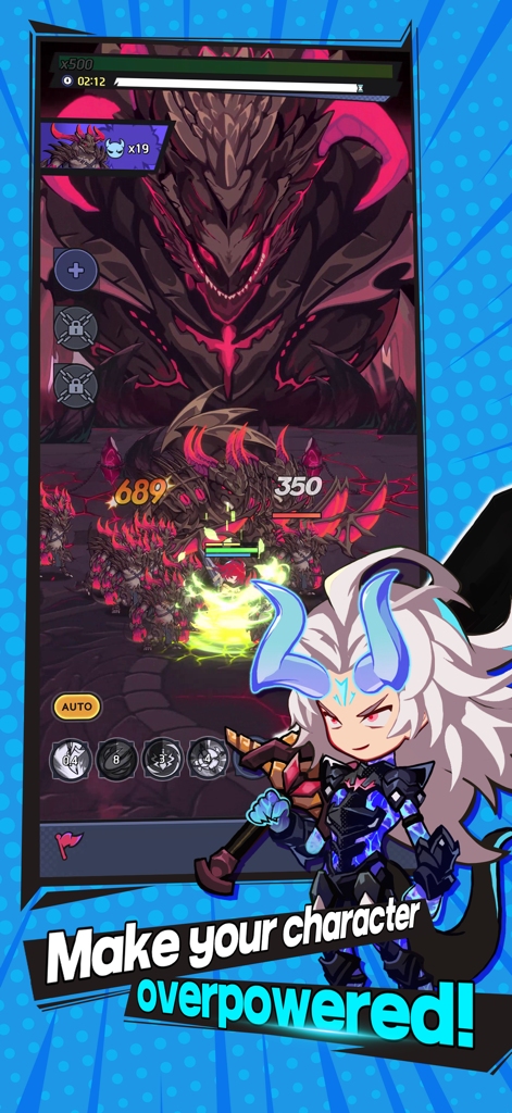 Hardcore Leveling Warrior - Ein Chibi-Kriegercharakter mit weißen Haaren und blauen Hörnern steht vor einem riesigen dunklen Drachen mit dem Text „Machen Sie Ihren Charakter übermächtig.“