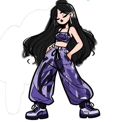 girl in baggy pants crop top and long hair