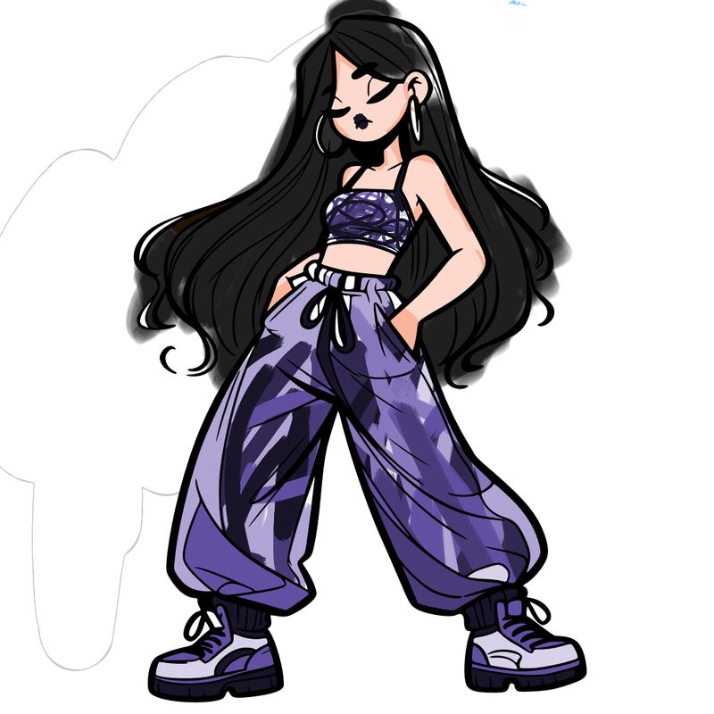girl in baggy pants crop top and long hair