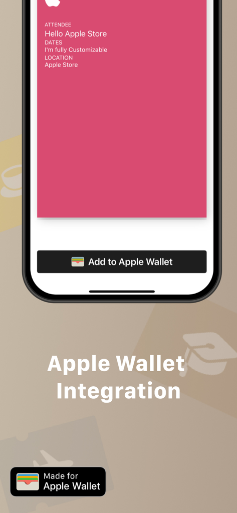 A pink custom pass on a mobile screen with an Add to Apple Wallet button.