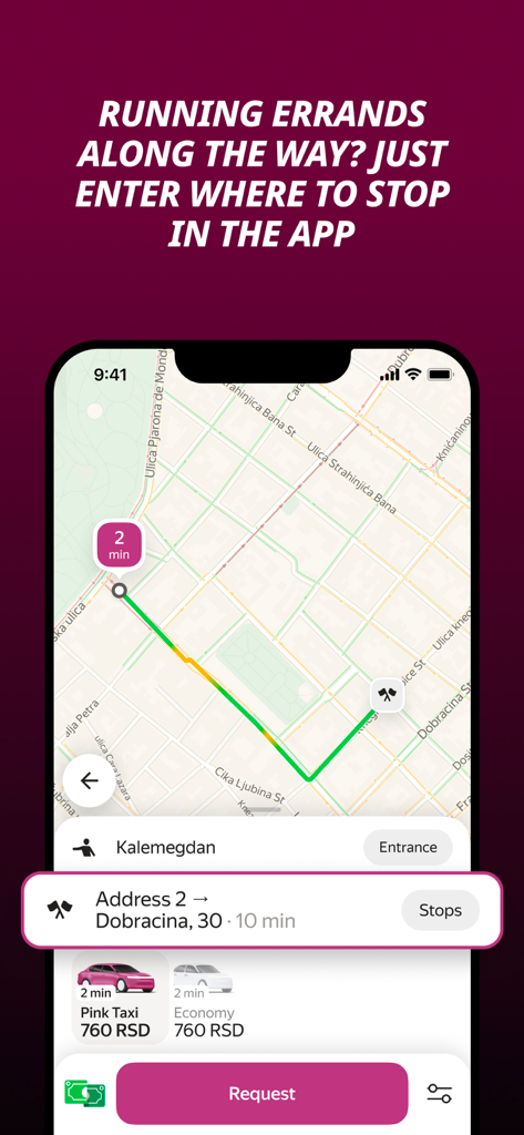 Pink Taxi Nova - Pink Taxi Nova app interface showing a ride route on a map with multiple stops for running errands.