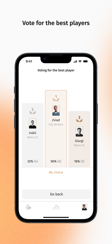Playbox Football Platform - Playboxサッカーアプリで最高のプレイヤーに投票するためのインターフェース、上位3人のプレイヤーと投票率を表示