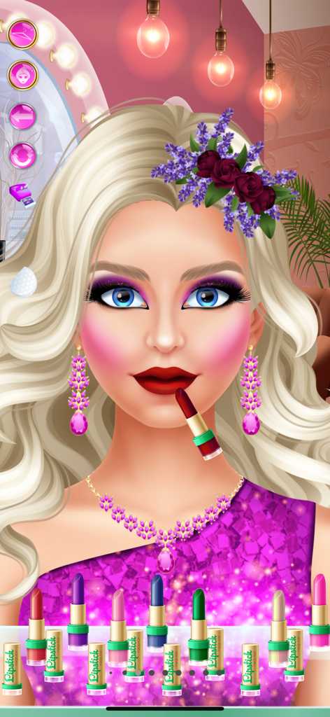 Makeover Games: Makeup & Spa - Eine blonde Prinzessinnenfigur trägt roten Lippenstift in einem Make-up-Salon-Spiel mit verschiedenen Lippenstiftfarben auf.