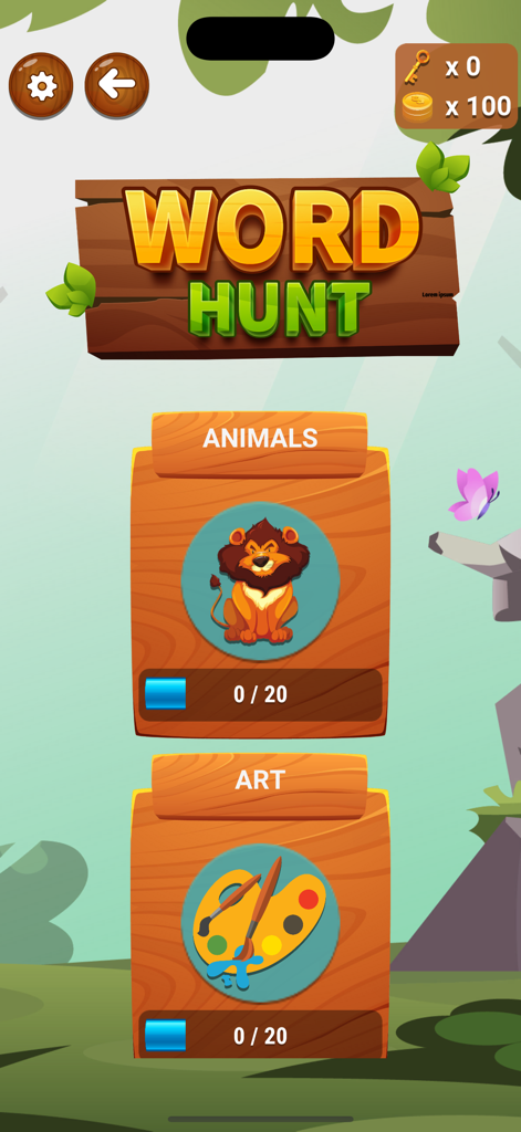 Word Hunt - Search - Pantalla principal de la aplicación Word Hunt mostrando diferentes categorías de sopas de letras como Animales y Arte