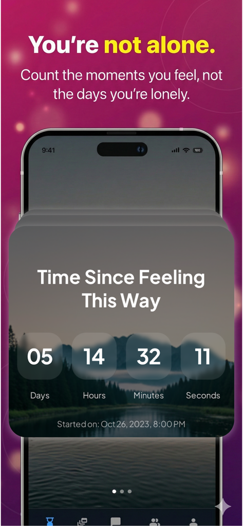 Pantalla de smartphone que muestra la función de tiempo desde que se sintió en la aplicación Lonely sobre un paisaje escénico.