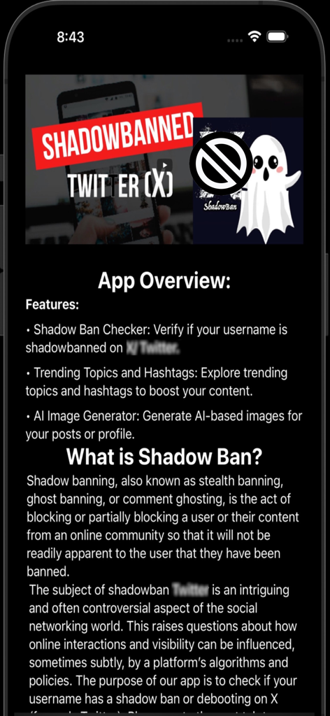 Vista general de la aplicación Shadowban Test que muestra funciones como el verificador de shadow ban, temas de tendencia y generador de imágenes de IA.